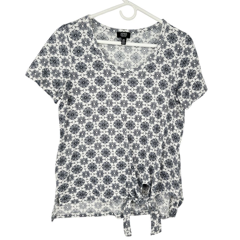 Jones New York Blue White Floral Medallion Print Tie Front Short Sleeve Top SZ M